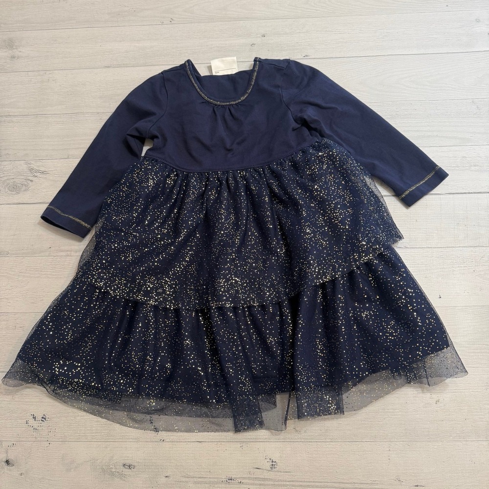 Hanna Andersson girls navy blue‎ tulle gold shimmer long sleeve dress 90/3